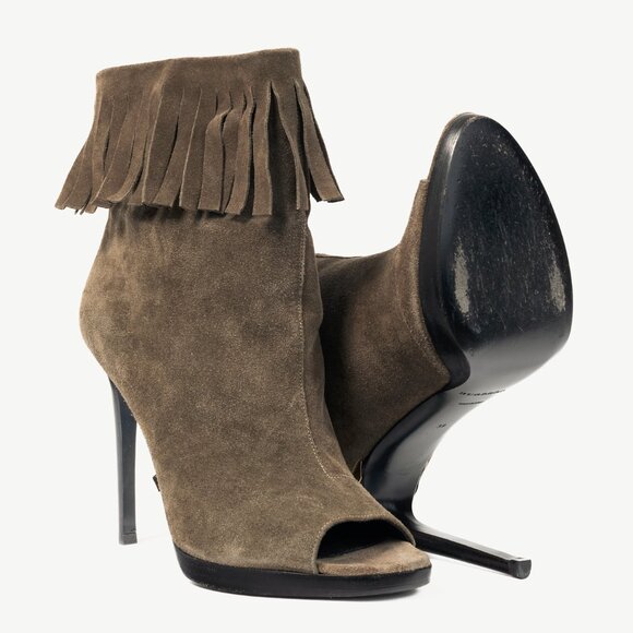 Burberry Pelling Khaki Suede Fringe Peep-Toe Booties - Picture 4 of 10